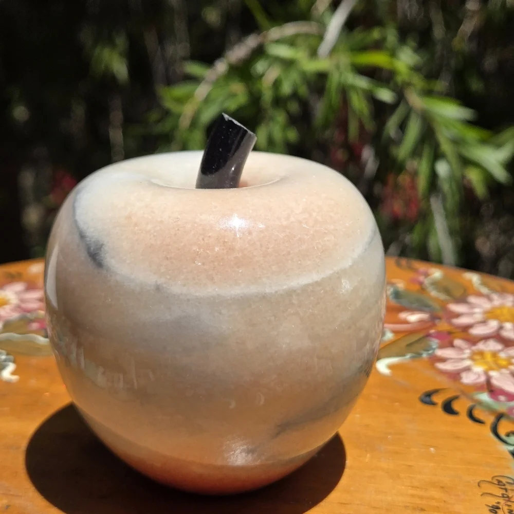 Vintage Carved Alabaster Stone Marble Apple‎ Fruit Paperweight Light Ivory Pink